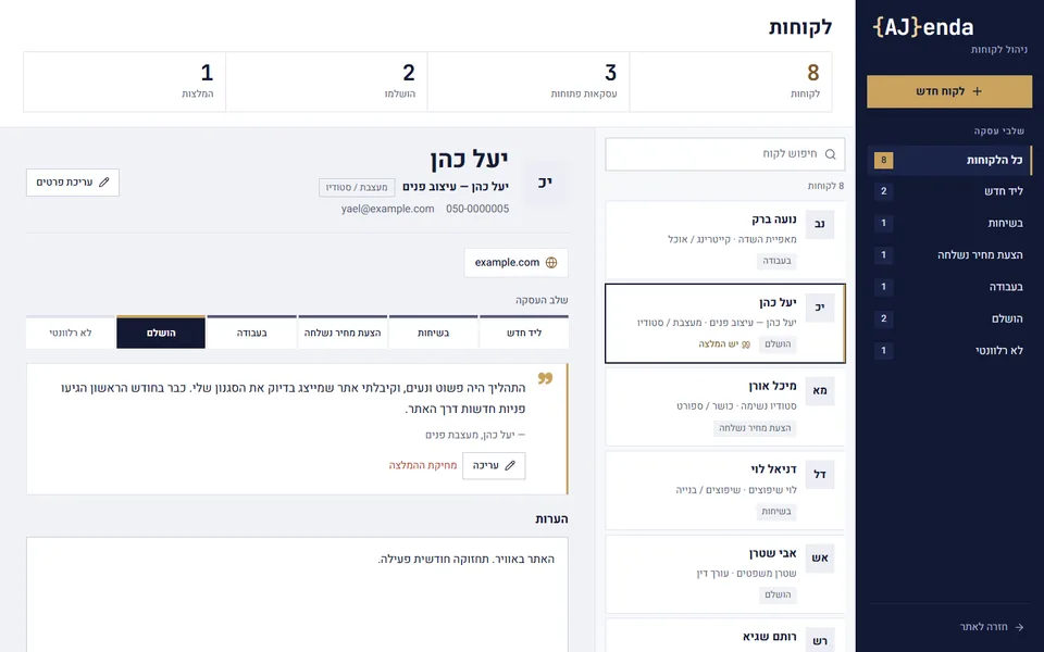 צילום מסך של האתר ממשק ניהול לקוחות